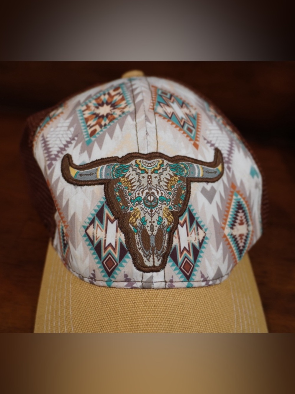 Embroidered Southwestern Bull Skull Trucker Hat - Teal & Mustard